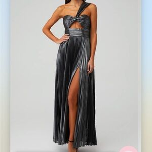 NIALI silver bronze metallic pleated halter neck strapless‎ midi gown dress